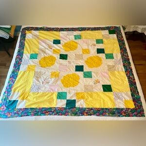 Vintage Yellow and Green Floral Patchwork Quilt Topper
